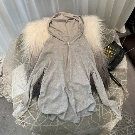 坑纹连帽套头薄外套女2023春季新款纯色打底帽衫短款修身显瘦上衣商品大图