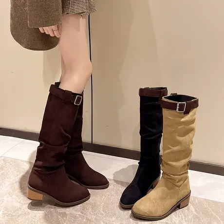 法式复古堆堆靴女2025年新款秋季粗跟显瘦百搭长筒靴不过膝长靴子商品大图