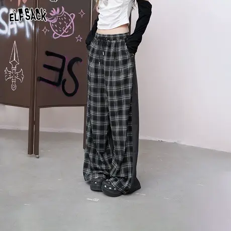 妖精的口袋格纹撞色宽松直筒裤子女2025年早秋新款慵懒显瘦休闲裤商品大图