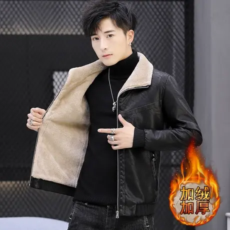 冬季男士皮衣加绒加厚韩版修身皮毛一体男皮夹克帅气潮流男装外套图片