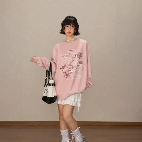 YEP复古脏粉色套头卫衣女早秋新款美式印花潮牌宽松套头无帽上衣商品大图