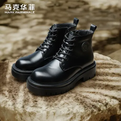 马克华菲马丁靴男款秋黑色高帮英伦风厚底增高休闲工装靴子皮鞋男商品大图