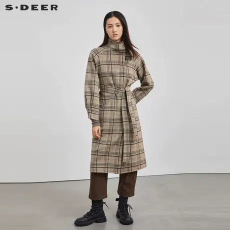 sdeer圣迪奥女装复古立领格纹收腰毛呢大衣S22482502商品大图