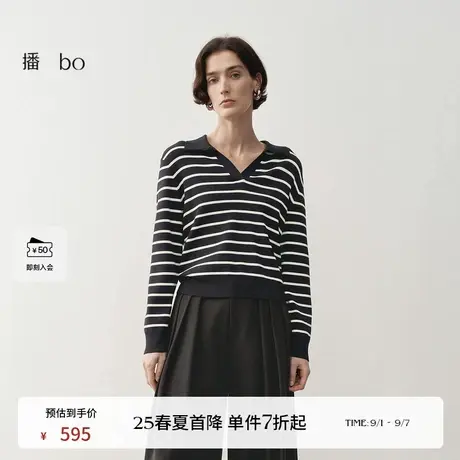 播商场同款黑标系列气质条纹针织衫女25春季翻领毛衣BDS1SD1278商品大图