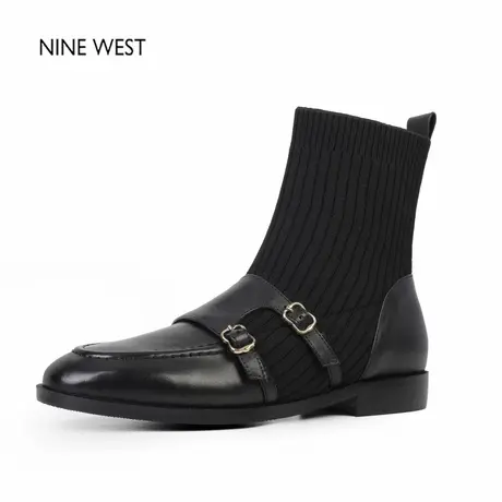 奥莱专供Nine West/玖熙英伦风复古圆头弹力瘦瘦靴袜靴粗跟短靴冬图片