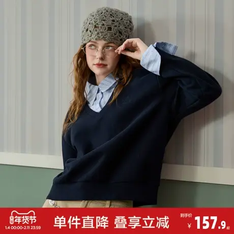 唐狮2026春季新款女假两件绣花卫衣翻领短款小上衣休闲通勤风时尚图片