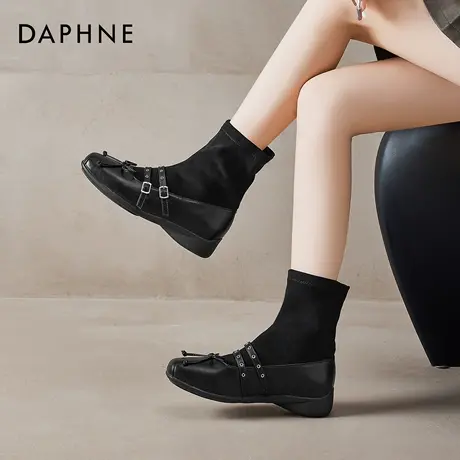 达芙妮黑色短靴女2026春季新款复古玛丽珍袜靴马丁靴弹力瘦瘦靴子图片