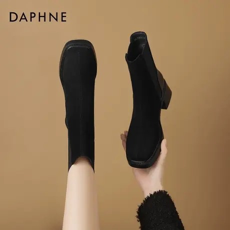 达芙妮黑色短靴女2026新款冬季加绒粗跟切尔西靴高跟方头马丁靴子图片