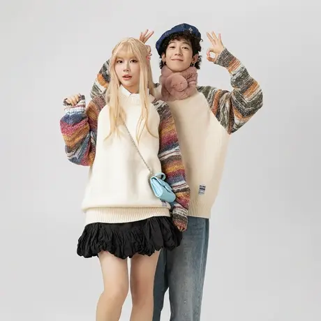 复古插肩袖毛衣女秋冬2023年新款日系慵懒风情侣装宽松针织衫外套商品大图