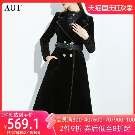 AUI高级感黑色加厚丝绒棉衣外套2023女冬新款高端气质中长款大衣图片
