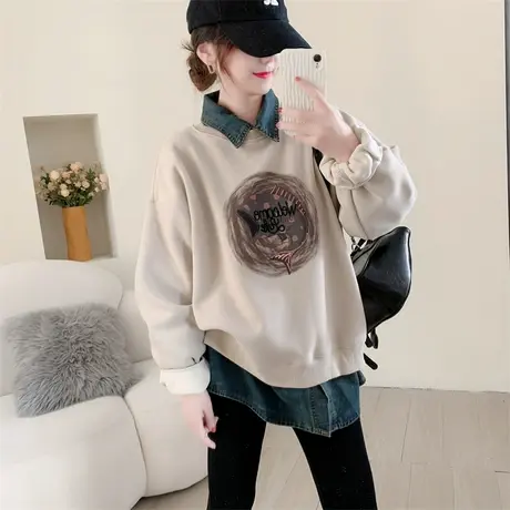 时尚宽松加绒加厚圆领套头卫衣女秋冬新款洋气减龄设计感百搭上衣商品大图
