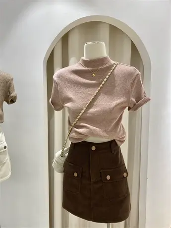 半高领针织短袖女t恤早秋chic修身 简约温柔气质软糯中领打底上衣商品大图