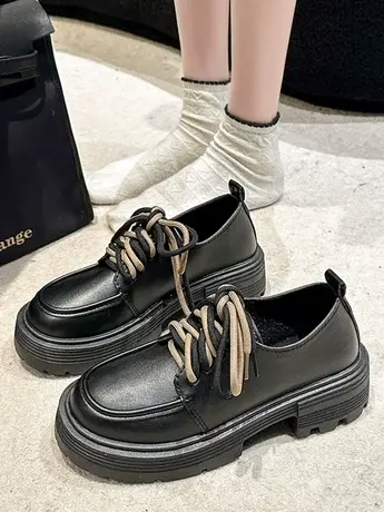 粗跟厚底英伦风小皮鞋女系带黑色百搭2023春秋季新款松糕高跟单鞋商品大图