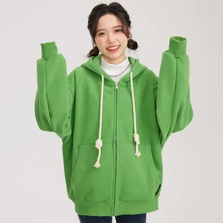 尔给美式vibe减龄洋气插肩袖连帽绿色拉链开衫卫衣女冬加绒加厚商品大图