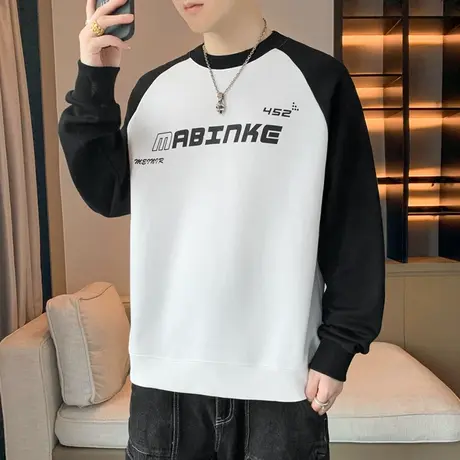 美式重磅圆领卫衣男春秋季宽松长袖字母上衣潮牌拼接插肩袖打底衫商品大图