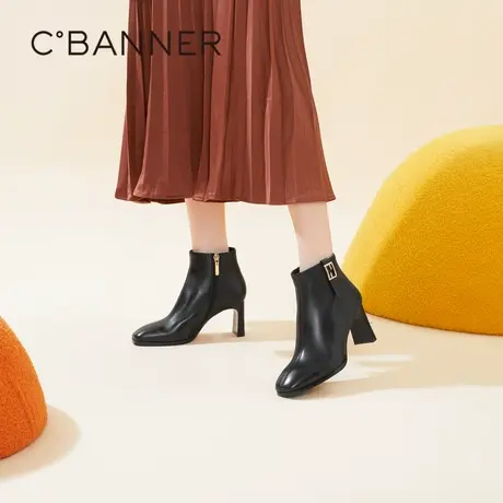 【直播间】千百度女鞋秋冬时装靴法式气质羊皮短靴高跟粗跟靴子商品大图