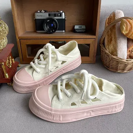 镂空透气两穿帆布鞋女2023夏季新款小众设计一脚蹬懒人厚底小白鞋商品大图