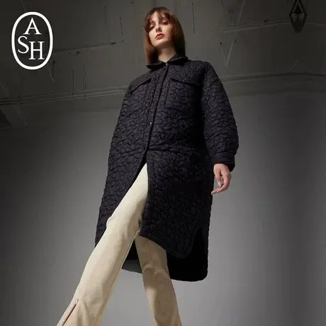 ASH女装冬季新款宽松连帽长袖上衣压花工艺加厚长款棉服外套图片