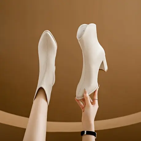 高级感高跟小短靴女粗跟2023新款尖头白色瘦瘦靴秋冬季加绒马丁靴商品大图