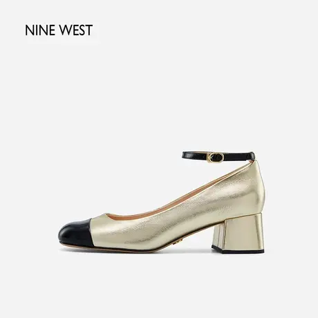 Nine West/玖熙中跟女鞋气质春季新款圆头撞色粗跟踝带法式单鞋图片