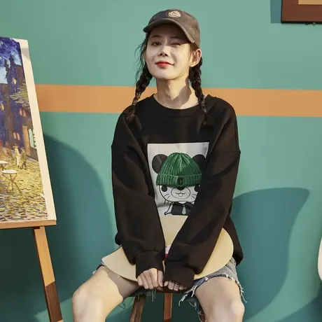 唐狮黑色卫衣女士春秋季新款圆领设计感小众ins风卫衣外套潮流图片