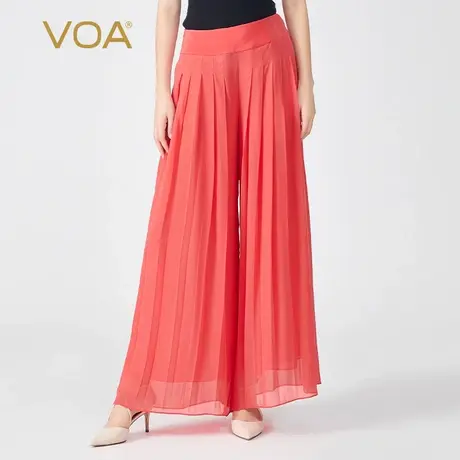 VOA真丝乔其纱正红色自然腰撞料拼接大摆飘逸宽松桑蚕丝阔腿裙裤商品大图