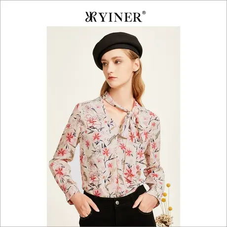 YINER音儿女装冬季印花设计感桑蚕丝雪纺衫飘带上衣图片