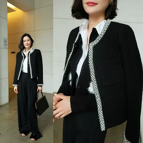 2023秋冬新款女装法式高级感镶钻钉珠暗扣流行小香风女士短外套女商品大图