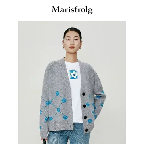 【纯羊毛针织衫】玛丝菲尔毛衣春装新款菱形格开衫针织外套女商品大图