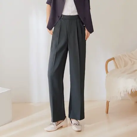 桔熊夏季通勤ol西服长裤子女胖妹妹纯色压褶中缝直筒裤大码BA6792商品大图
