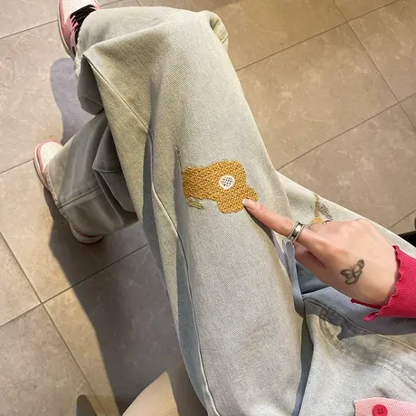 高腰阔腿刺绣牛仔裤女春秋2024年新款显瘦复古做旧垂感直筒拖地裤商品大图