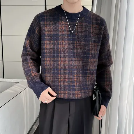 轻熟风拼色格子毛衣男秋冬季2023新款ins宽松休闲套头内搭针织衫商品大图