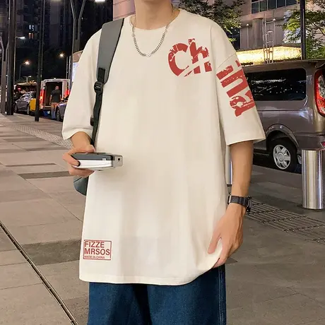 港风夏季短袖T恤男纯棉高街潮牌ins重磅青少年国潮半袖宽松体恤衫图片