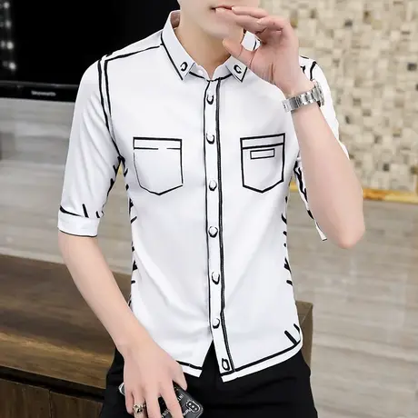 设计感小众涂鸦印花衬衫男士短袖夏季潮牌痞帅高端冰丝感半袖衬衣图片