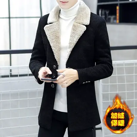 风衣男士中长款冬季修身毛呢大衣外套青年韩版加绒加厚呢子西服潮商品大图