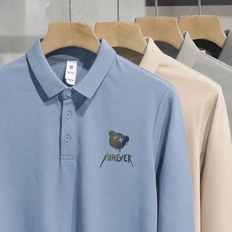 2024新款珠地棉polo衫男长袖t恤保罗翻领商务小熊打底衫内搭秋衣商品大图