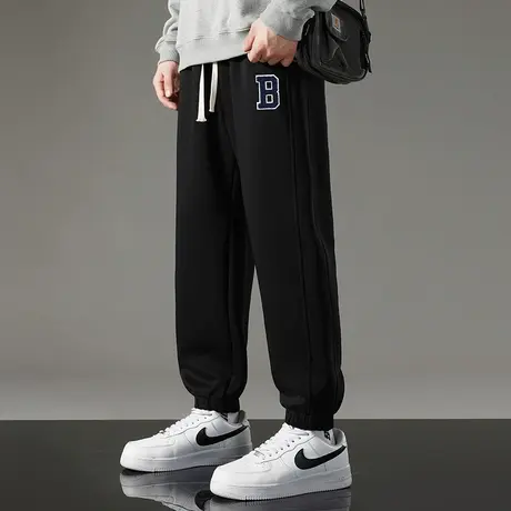 休闲长裤子男秋冬款黑色运动裤宽松潮流九分小脚束脚加绒卫裤百搭图片