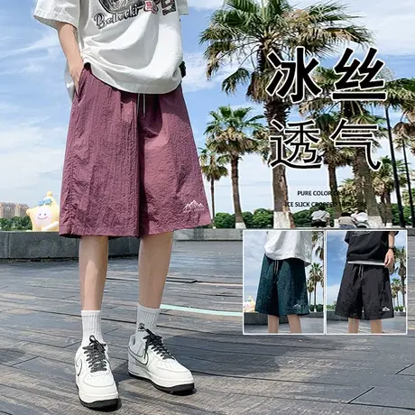 雪山刺绣薄款透气休闲短裤男夏季潮流复古沙滩速干宽松运动五分裤商品大图