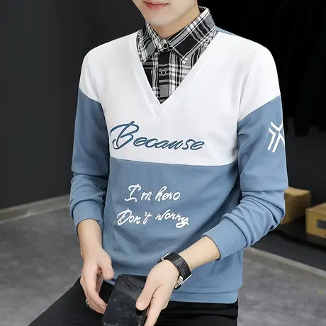 男士卫衣春秋季假两件长袖T恤青年翻领秋衣男衬衫领假领子打底衫商品大图