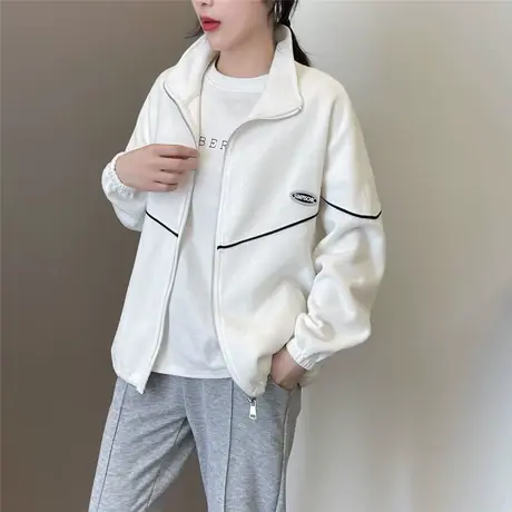 2023年春秋季新款韩版宽松棒球服休闲拉链白色开衫卫衣短款外套女商品大图