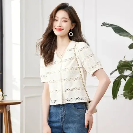 时尚气质洋气短袖外套女士2023年夏季新款镂空刺绣上衣商品大图