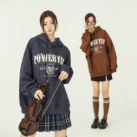 YEP美式复古中性黑色卫衣女发泡2024新款春秋oversize连帽外套潮图片