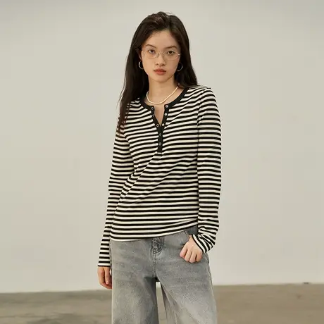omont蛋挞家 复古撞色长袖T恤女2023秋新款圆领修身显瘦条纹上衣商品大图