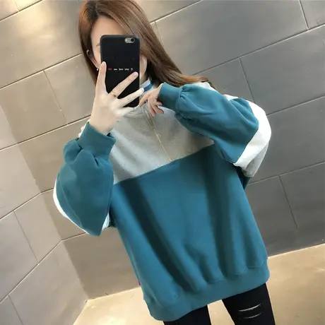 学院风潮春秋装新款宽松长袖上衣2023年新款拉链拼色百搭卫衣女图片