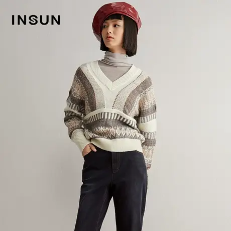 恩裳冬季撞色条纹v领套头羊毛马海毛针织衫图片