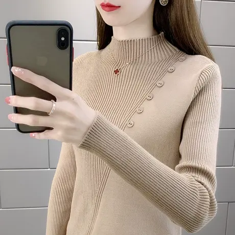 不规则设计感纽扣半高领针织打底衫女2023秋冬新款内搭长袖上衣女商品大图