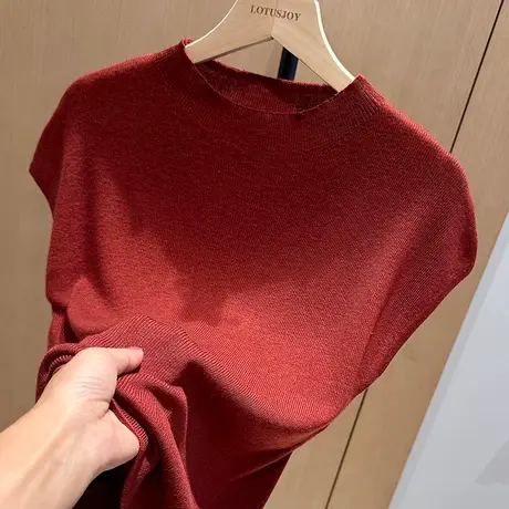 初秋时尚气质半高领短袖针织衫女套头韩版简约半袖修身显瘦上衣商品大图