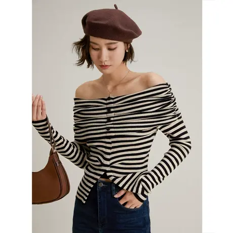 弥古一字肩露肩毛衣条纹针织衫女小众法式设计感上衣秋冬内搭打底商品大图