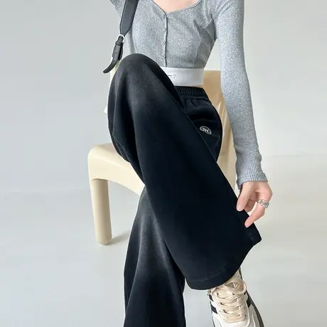 黑色窄版阔腿卫裤女春秋新款高腰宽松显瘦松紧腰休闲抽绳运动裤子图片