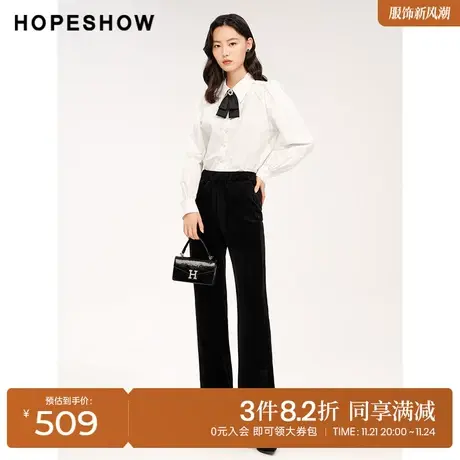红袖outlets设计感灯芯绒休闲裤hopeshow2023冬款开叉微喇长裤女商品大图